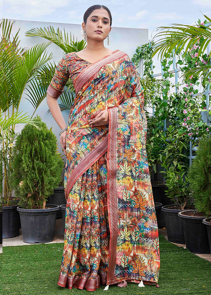 Multicolor Linen Silk Saree With Blouse Piece