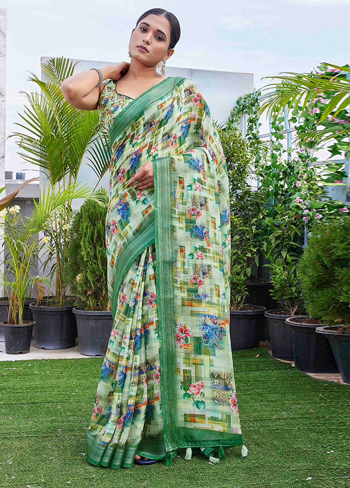 Sea Green Linen Silk Saree With Blouse Piece