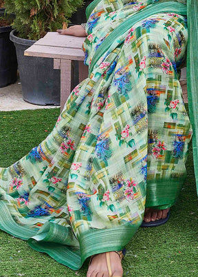 Sea Green Linen Silk Saree With Blouse Piece