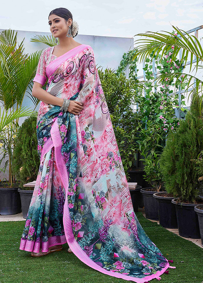 Pink Linen Silk Saree With Blouse Piece