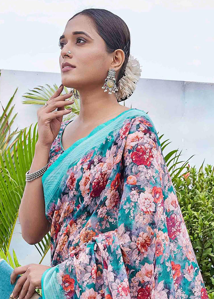 Sea Green Linen Silk Saree With Blouse Piece