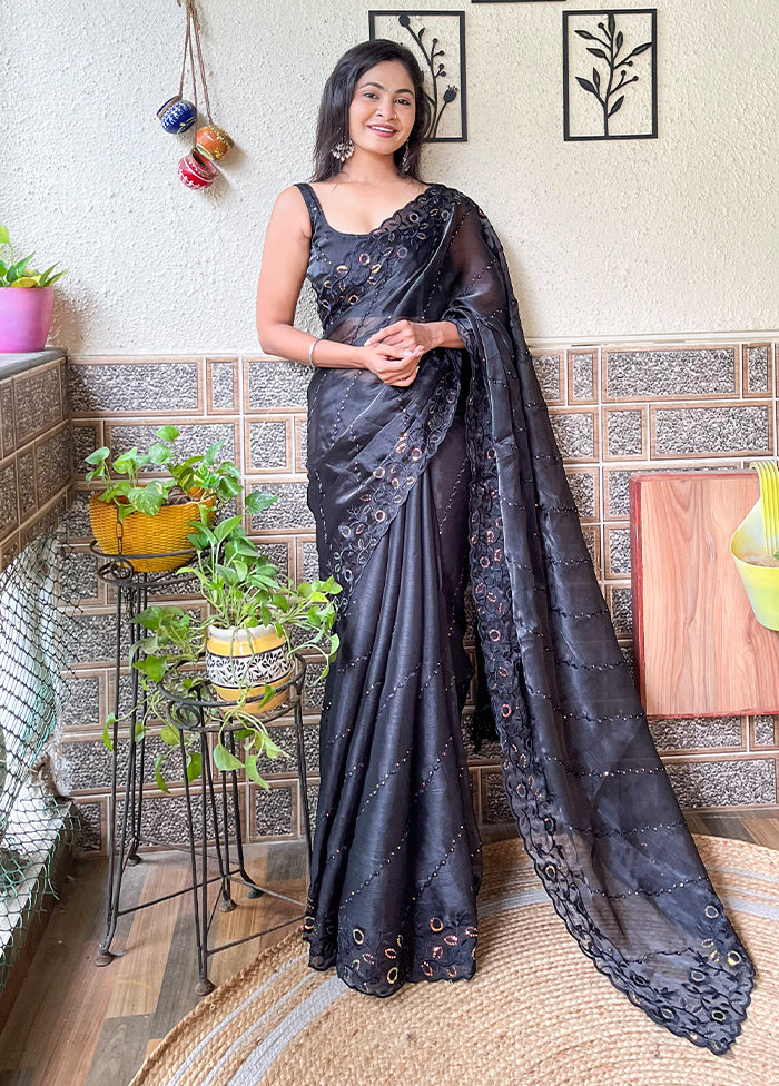 Black Dupion Silk Saree With Blouse Piece