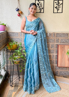 Sky Blue Dupion Silk Saree With Blouse Piece