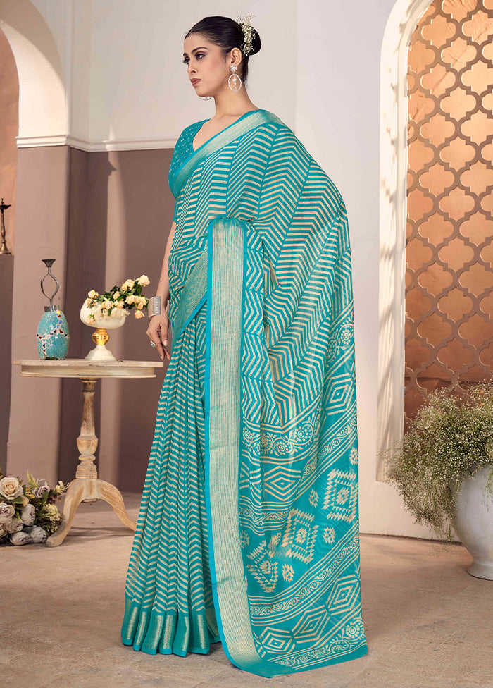 Teal Blue Chiffon Silk Saree With Blouse Piece