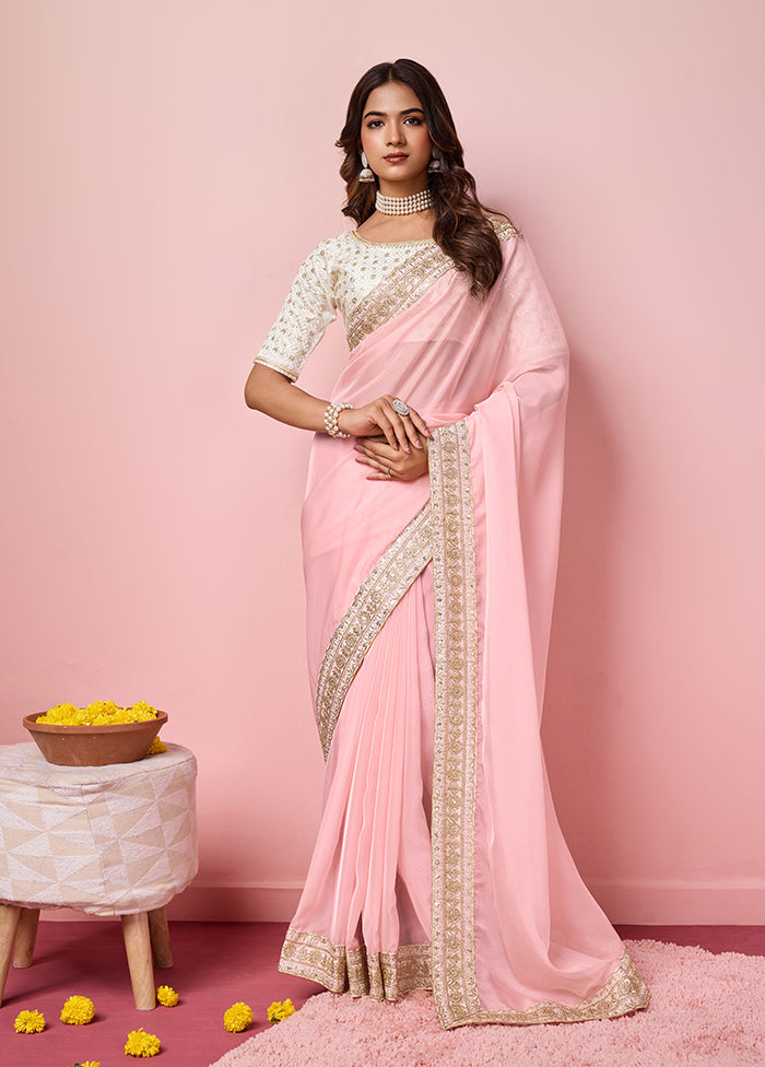 Rose Pink Organza Saree With Blouse Piece