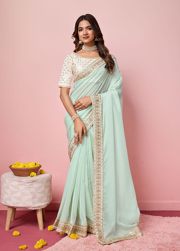 Sea Green Organza Saree With Blouse Piece