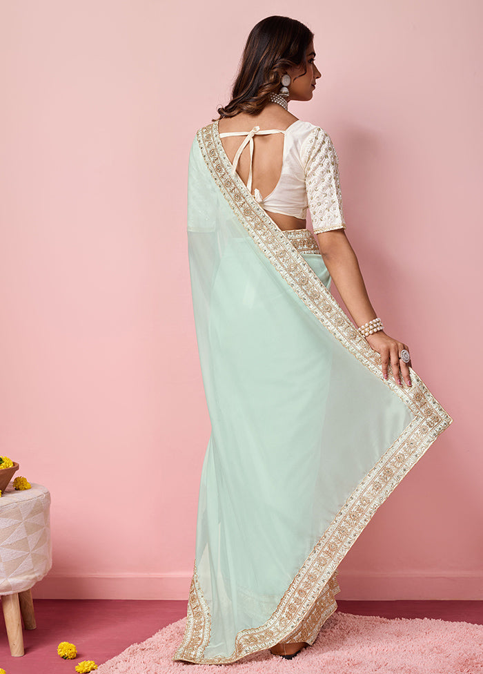 Sea Green Organza Saree With Blouse Piece