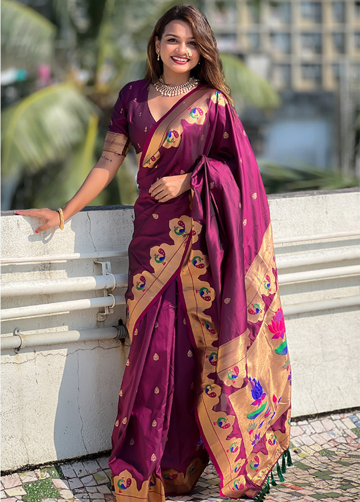 Magenta Spun Silk Saree With Blouse Piece