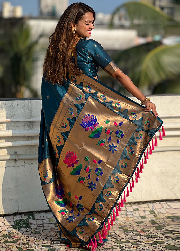 Teal Blue Spun Silk Saree With Blouse Piece