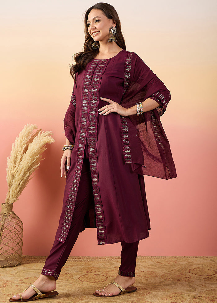 3 Pc Maroon Readymade Silk Suit Set