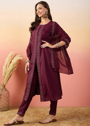 3 Pc Maroon Readymade Silk Suit Set