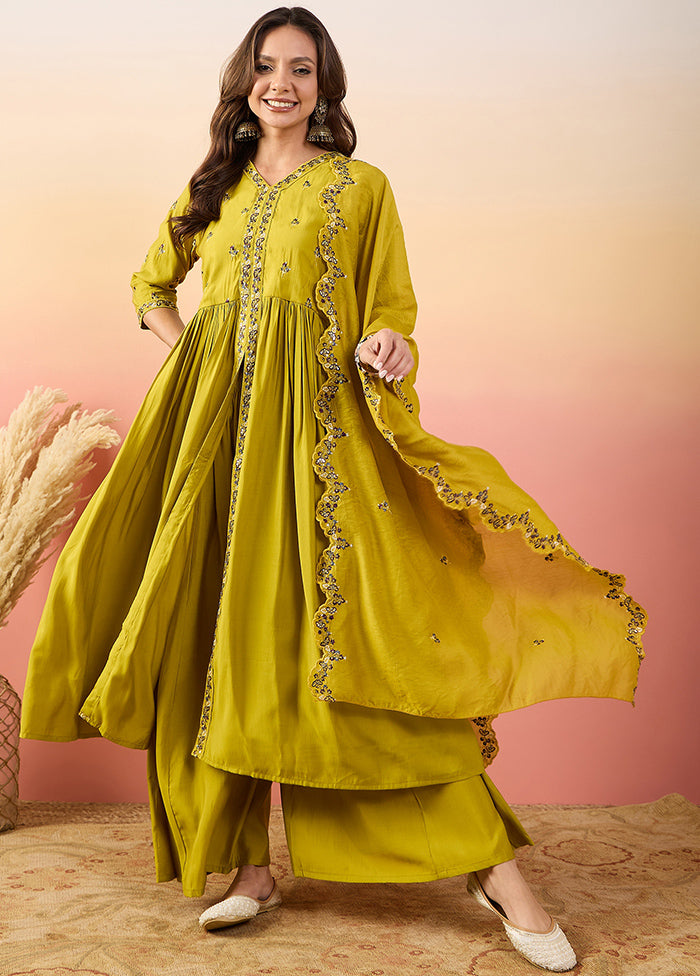 3 Pc Yellow Readymade Silk Suit Set