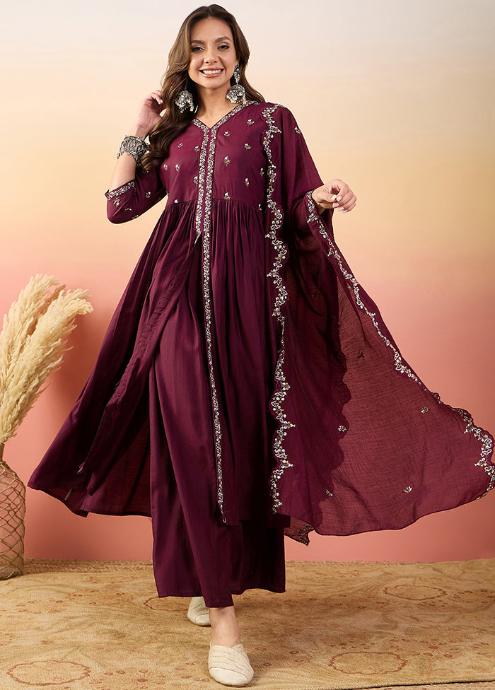 3 Pc Maroon Readymade Silk Suit Set