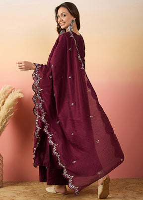 3 Pc Maroon Readymade Silk Suit Set