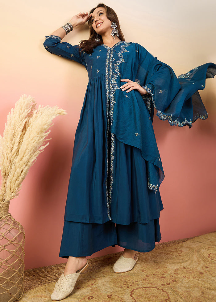 3 Pc Blue Readymade Silk Suit Set