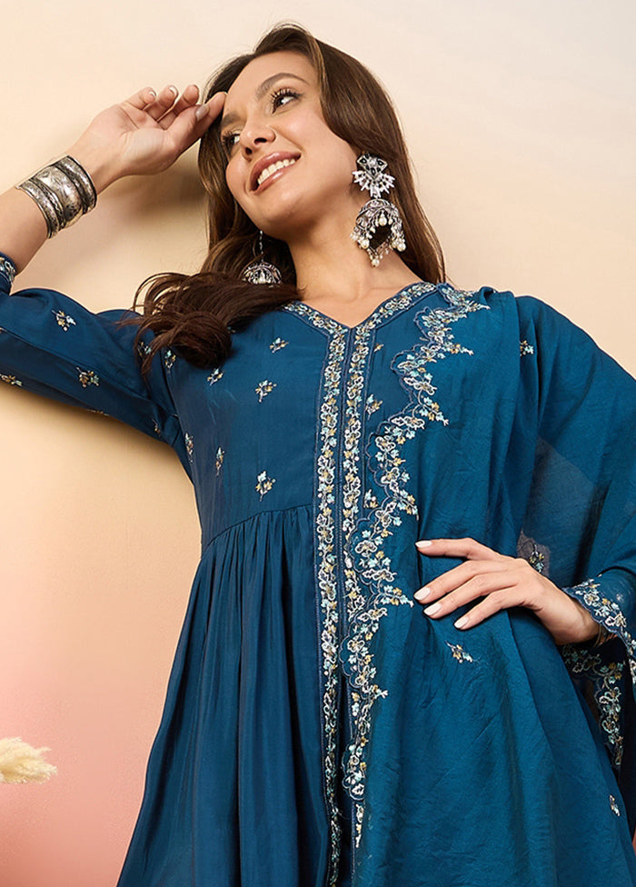 3 Pc Blue Readymade Silk Suit Set