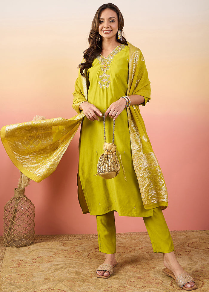 3 Pc Yellow Readymade Silk Suit Set