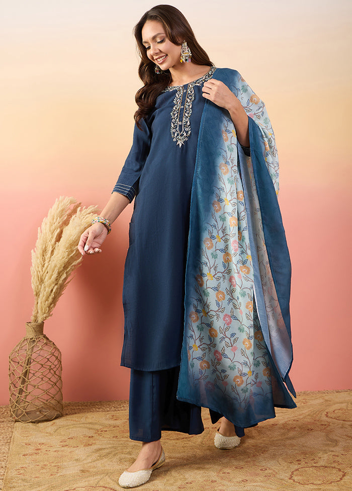 3 Pc Blue Readymade Silk Suit Set