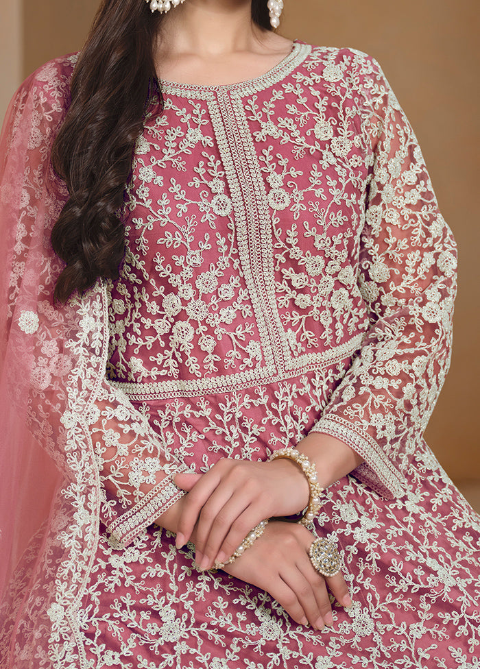 3 Pc Pink Semi Stitched Net Suit Set