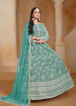 3 Pc Sea Green Semi Stitched Net Suit Set