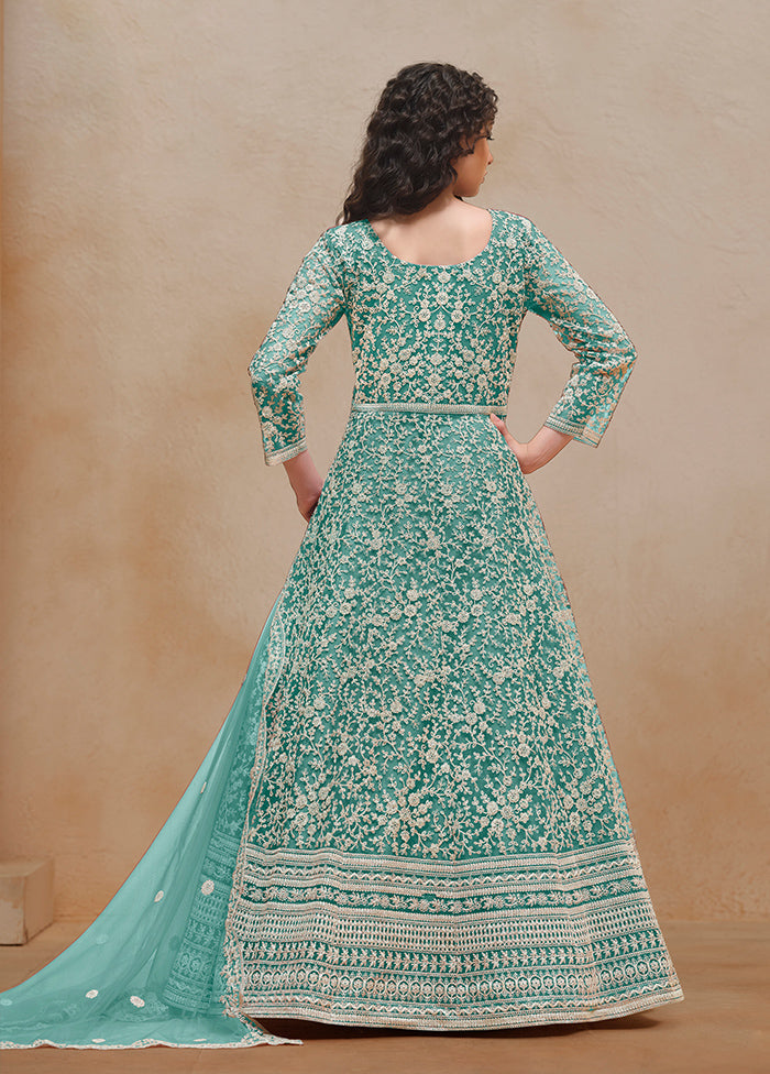 3 Pc Sea Green Semi Stitched Net Suit Set