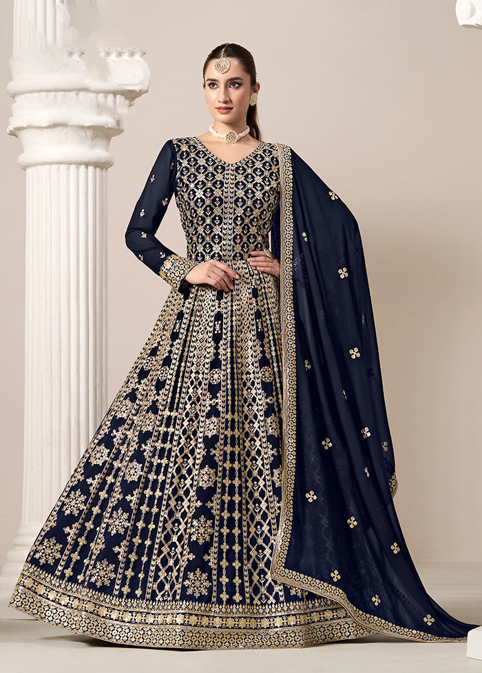 3 Pc Blue Semi Stitched Georgette Suit Set