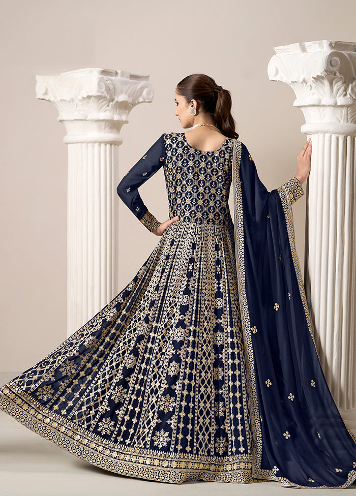 3 Pc Blue Semi Stitched Georgette Suit Set