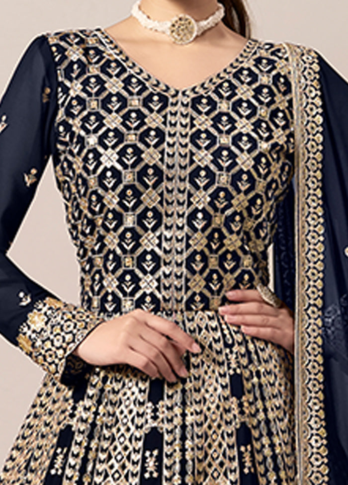 3 Pc Blue Semi Stitched Georgette Suit Set