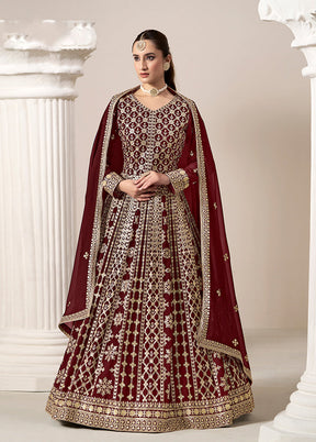 3 Pc Maroon Semi Stitched Georgette Suit Set