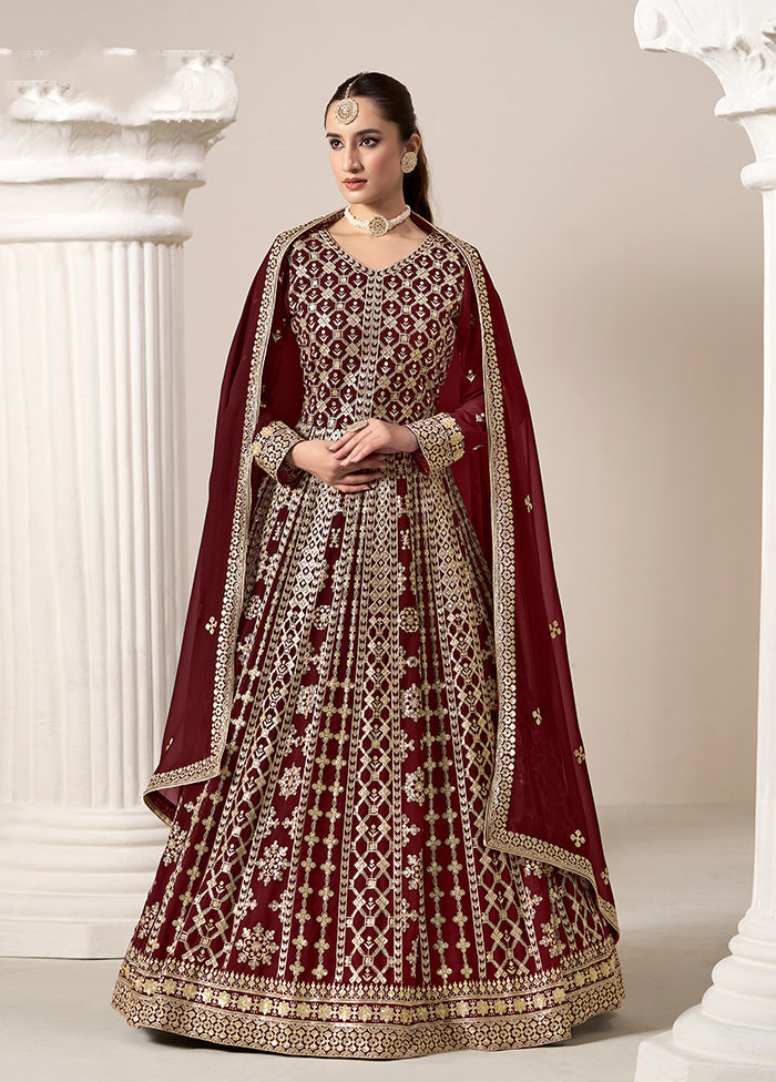 3 Pc Maroon Semi Stitched Georgette Suit Set