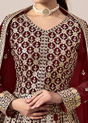 3 Pc Maroon Semi Stitched Georgette Suit Set