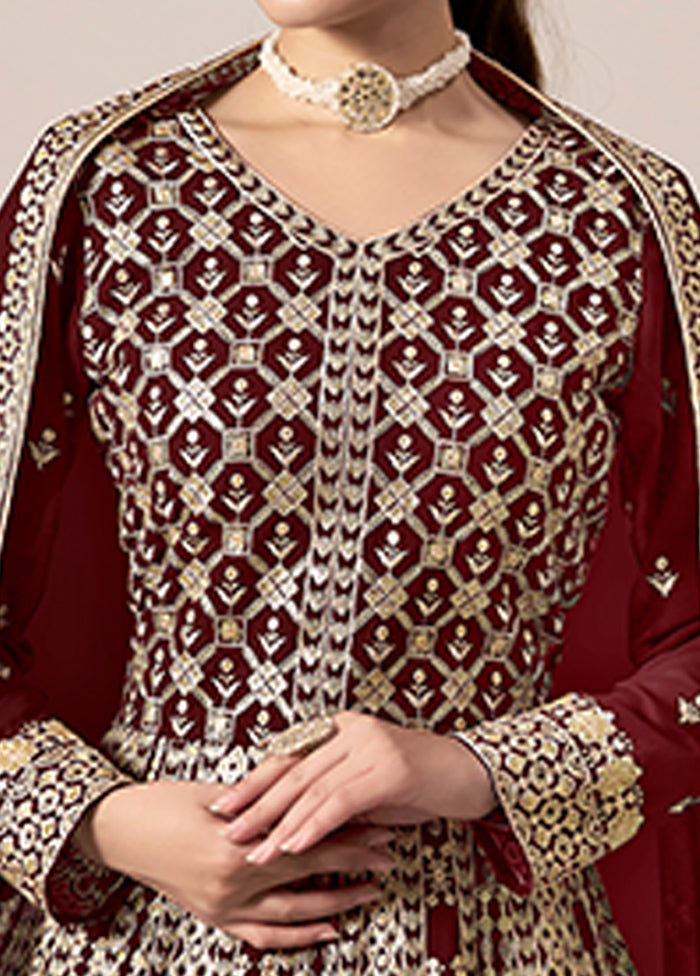 3 Pc Maroon Semi Stitched Georgette Suit Set