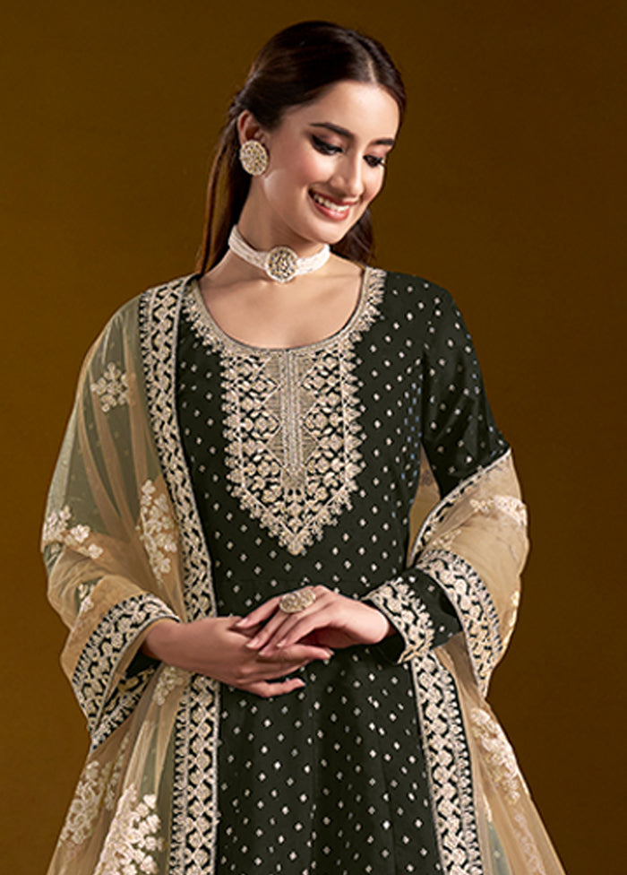 3 Pc Black Semi Stitched Chanderi Suit Set