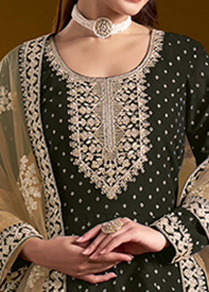 3 Pc Black Semi Stitched Chanderi Suit Set