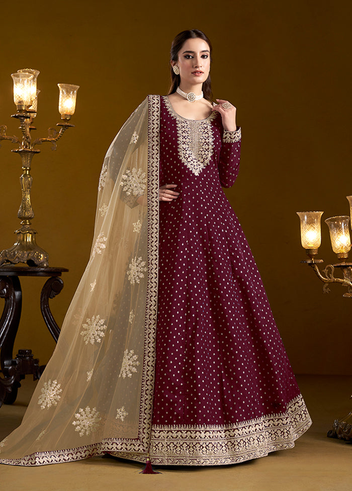 3 Pc Wine Semi Stitched Chanderi Suit Set