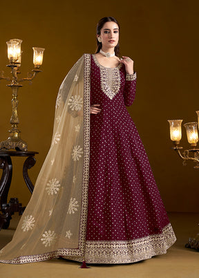 3 Pc Wine Semi Stitched Chanderi Suit Set