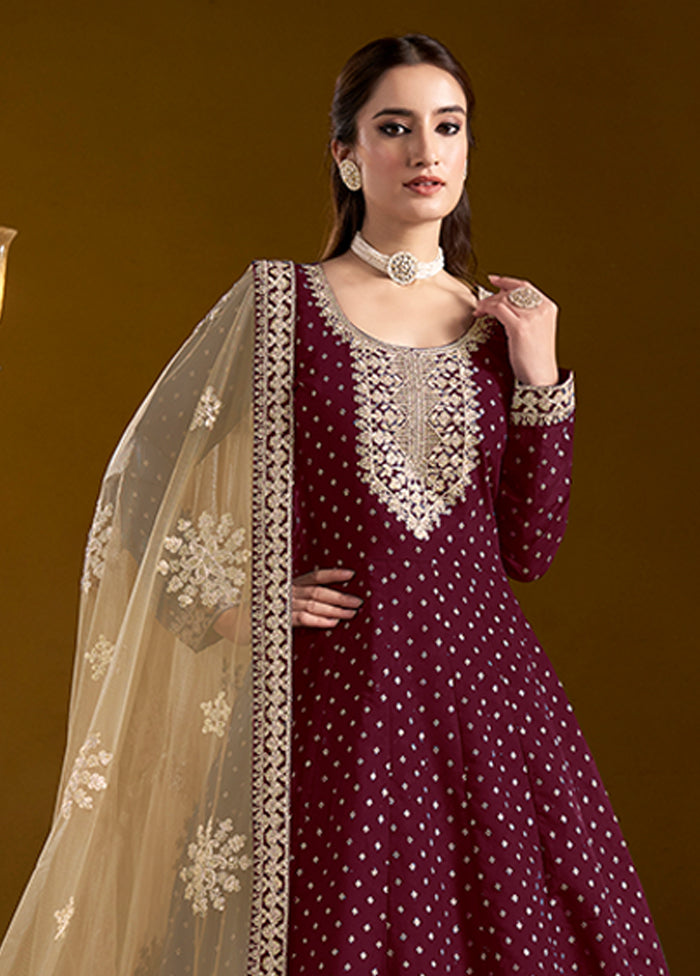 3 Pc Wine Semi Stitched Chanderi Suit Set