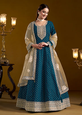 3 Pc Teal Semi Stitched Chanderi Suit Set