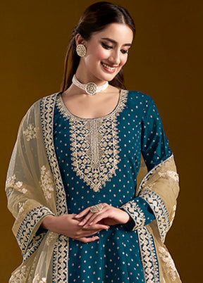 3 Pc Teal Semi Stitched Chanderi Suit Set