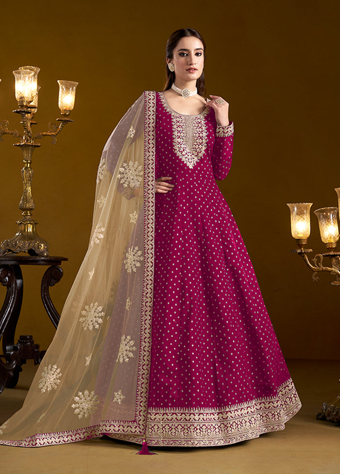 3 Pc Pink Semi Stitched Chanderi Suit Set