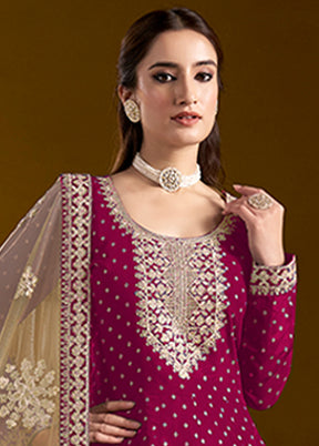 3 Pc Pink Semi Stitched Chanderi Suit Set