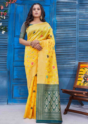 Yellow Dupion Silk Saree With Blouse Piece