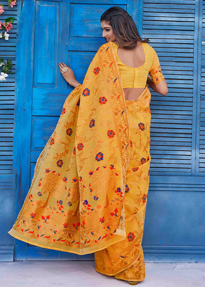 Mustard Linen Silk Saree With Blouse Piece