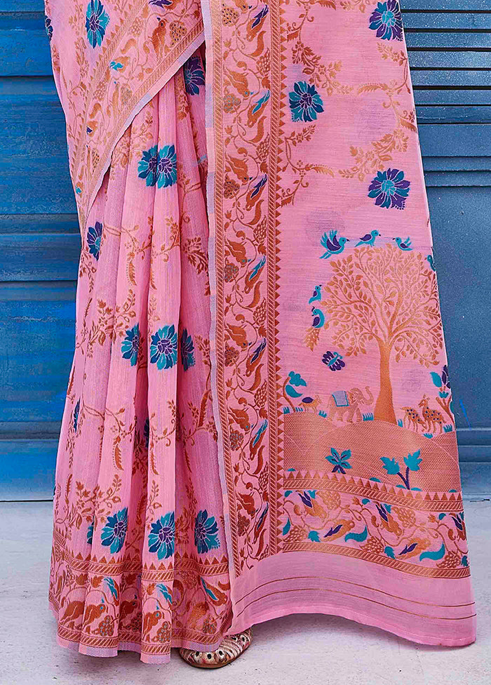 Pink Linen Silk Saree With Blouse Piece