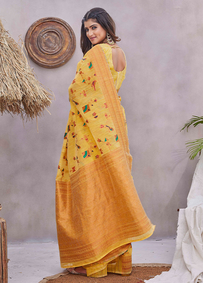 Yellow Linen Silk Saree With Blouse Piece