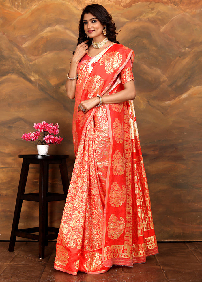 Red Dupion Silk Saree With Blouse Piece