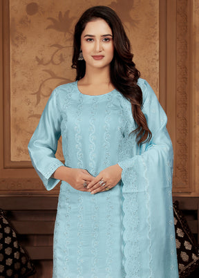 3 Pc Blue Readymade Chanderi Suit Set