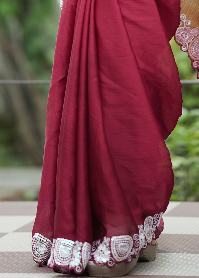 Maroon Satin Silk Saree With Blouse Piece