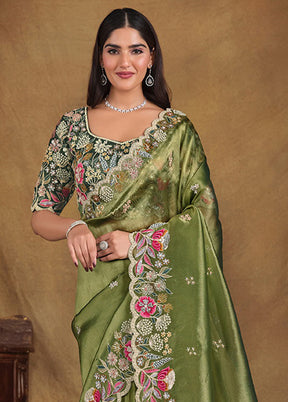 Olive Green Spun Pure Silk Saree With Blouse Piece