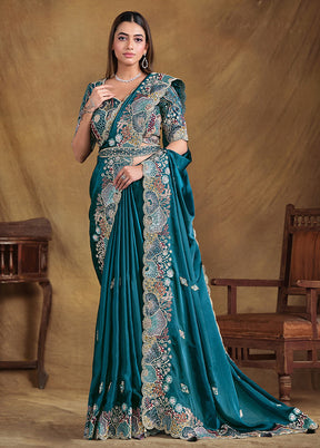 Blue Satin Pure Silk Saree With Blouse Piece